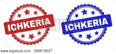 Rosette Ichkeria Stamps. Flat Vector Grunge Stamps With Ichkeria Phrase Inside Rosette With Stars, I