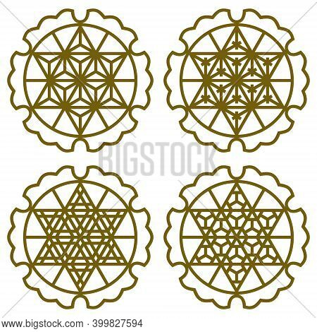 A Set Of Six Design Elements Using The Japanese Style Of Kumiko Zaiku. For Laser Cutting .