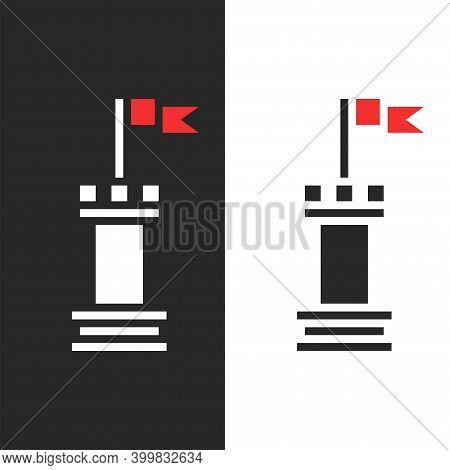 Watchtower Fortress Tower With Loopholes And A Red Flying Flag, Security Company Logo, Black And Whi