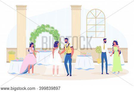 Wedding Party Celebration In Restaurant With Guest. Many Served Table, Flower Decoration, Bridal Pla