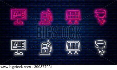 Set Line Petrol Or Gas Station, Solar Energy Panel, Television Report And Tornado. Glowing Neon Icon