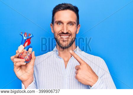 Young handsome man holding heart organ with veins and arteries over blule background smiling happy pointing with hand and finger