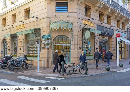 Cannes, France - February 1, 2016: Famous Upscale Bakery Laduree Specializing For French Macarons In