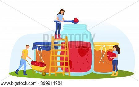 People Making Homemade Products. Concept Of Jam Production. Happy Smiling Male And Female Characters