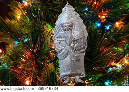 Silver Santa Claus. Vintage Christmas Ornament. Antiques Dresden Cardboard.