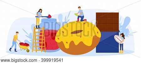 Production Of Sweets Food. Happy Male And Female Characters Making Tasty Cupcake, Chocolate And Cook