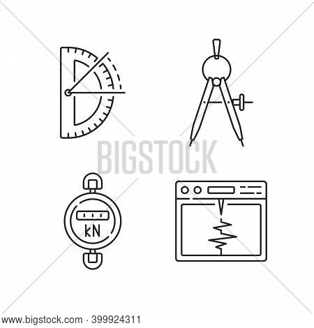 Measurement Tools Linear Icons Set. Half Circle Protractor. Compass Tool. Dynamometer. Seismograph. 