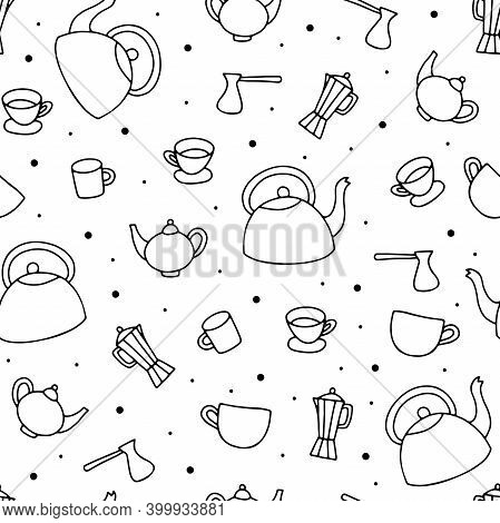 Seamless Doodle Hand Drawn Teapot Pattern. Outline Kettle, Cup, Moka, Turka On White Background. Coz