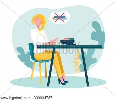 Young Blond Woman Doesnt Want To Eat. Female Character With Anorexia Sitting In Front Of Plate Full 