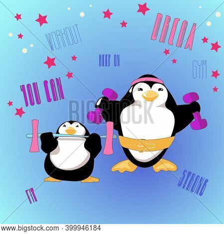 Cartoon Penguins Keep On Training Being Motivated By Their Goals And Sympathy. Vector Illustration O