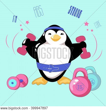 Strong Cartoon Penguin Keeps On With Workout