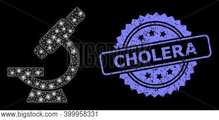 Bright Mesh Network Microscope With Light Spots, And Cholera Unclean Rosette Seal. Illuminated Vecto