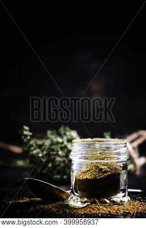 Seasoning, Dried Caucasian Herbs, Black Background, Selective Focus