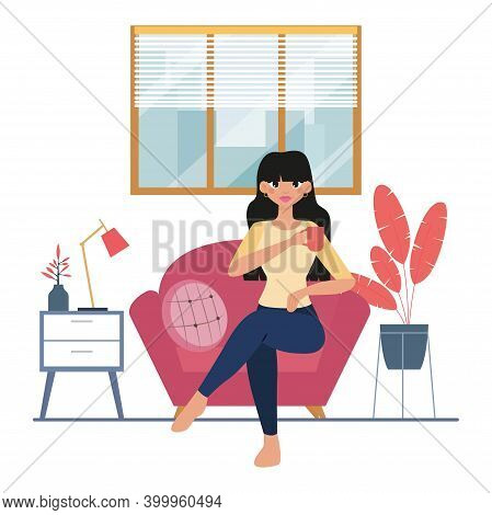 Girl In Linving Room Hygge Style Design Ilustration - Vector