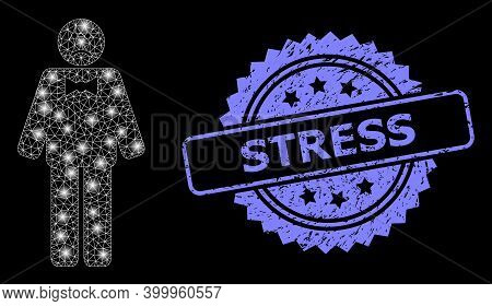 Glare Mesh Net Sad Man With Glowing Spots, And Stress Dirty Rosette Stamp Seal. Illuminated Vector M