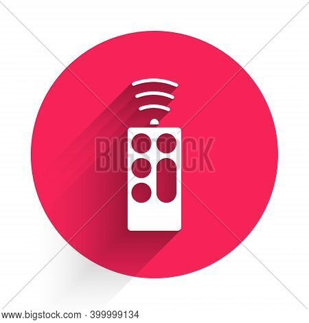 White Remote Control Icon Isolated With Long Shadow. Red Circle Button. Vector