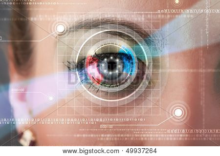 Modern cyber woman with technolgy eye looking