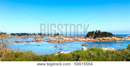Ploumanach, Rocks And Bay Beach In Morning, Brittany, France.