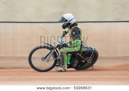 EGGENDORF,  AUSTRIA - APRIL 28 Ziga Radkovic (#6 Slovenia) places 4th in the Austrian speedway championship on April 28, 2013 in Eggendorf, Austria.