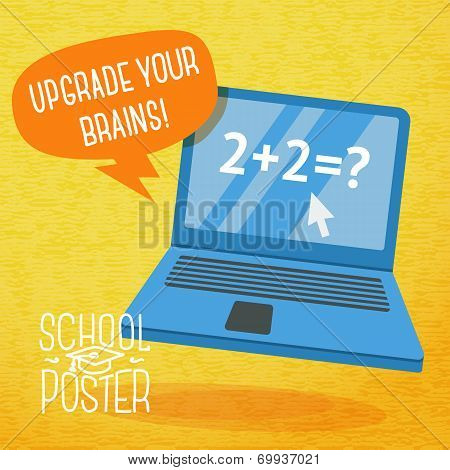 Cute school, college, university poster - notebook, with speech bubble and slogan -Upgrade your brai