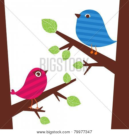 Vector backgrounds with couple of cute birds on the tree branch.  Cute vector illustration for greeting card, invitation or wallpaper design.
