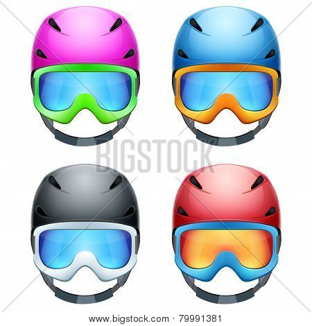 Set of Classic Ski helmets and snowboard goggles. Vector isolated on white background