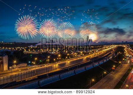 Bright fireworks explosions in night sky above Luzhniki stadium in Moscow, Russia. I have only one version of the photo with sharpening