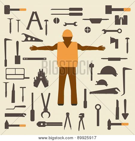Construction Tools And Worker Silhouette Icons Set.  Design Suitable  Vector Illustration.