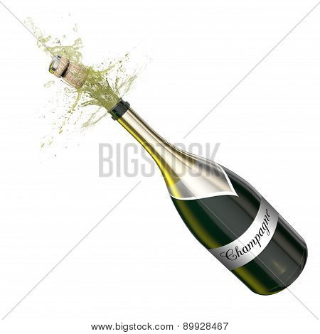 Opened bottle with foaming champagne.