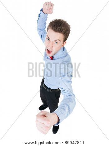 skinny guy funny fights waving his arms and legs. Isolated over white background. Funny guy clumsily boxing. Top view of swings in a fight looking for a baboche.