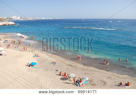 Gorgeous azure sandy Playa del Duque in Adeje on Tenerife, Spain