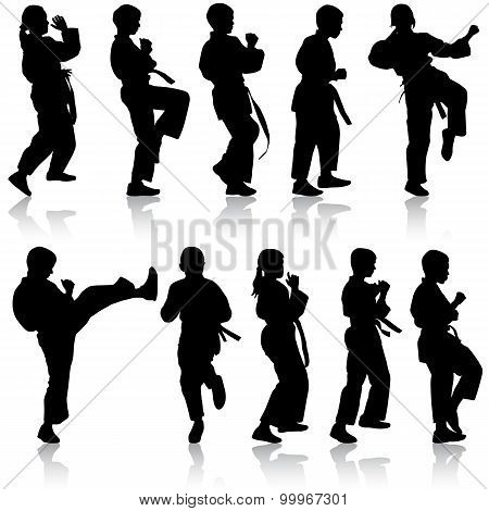 Set Of Black Silhouettes Of Karate. Sport Vector Illustration.