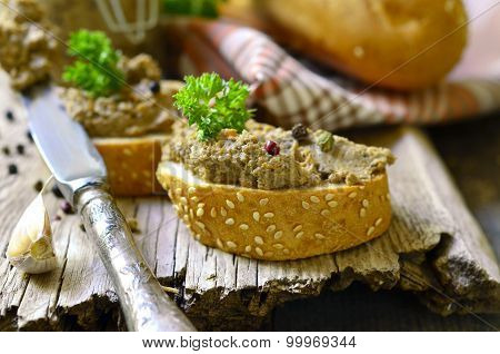 Pate From Beef Liver In A Jar With Bread Slice.
