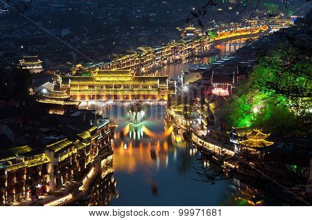 Elevated View Of Fenghuang Ancient Town Lit Up At Night