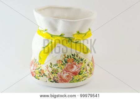 Decoupage Decorated Flower Pattern Jar On White Background