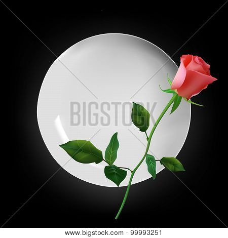 Empty White Round Plate With Red Rose