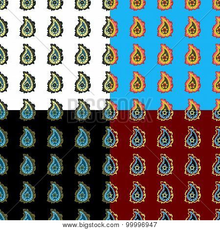 Set of colorful squared backgrounds - ornamental seamless pattern with paisley motif in red, blue, w