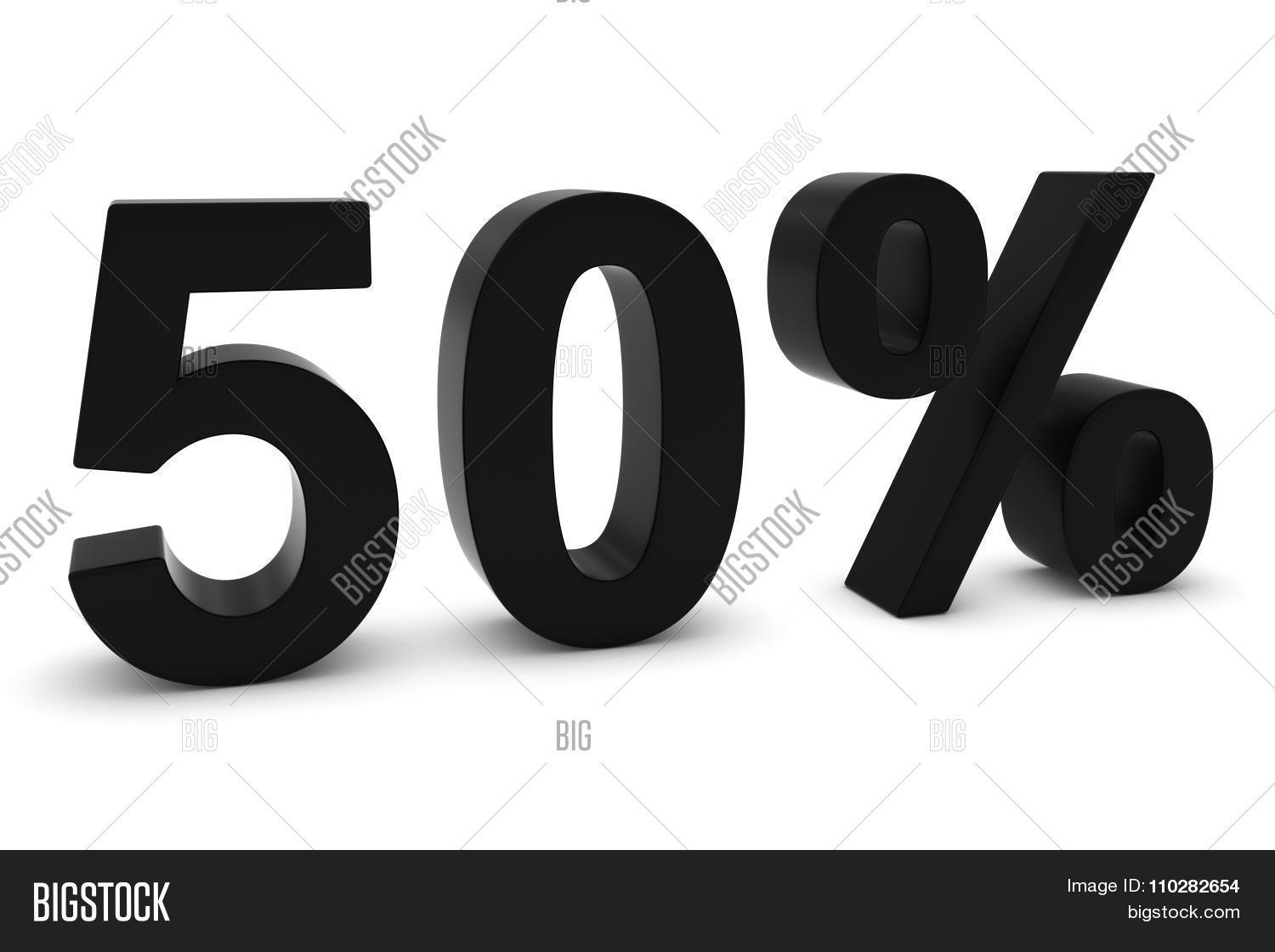 50% - fifty percent black 3d text isolated on white