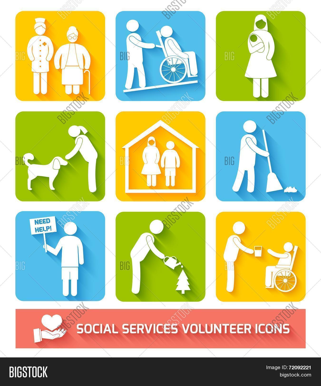 social help services and volunteer work icons set flat isolated