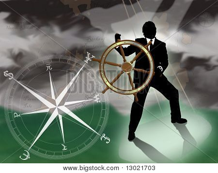Representative of turmoil in world currencies.  Businessman/banker/broker at sea trying to navigate a storm with international currencies compass. : Bigstock