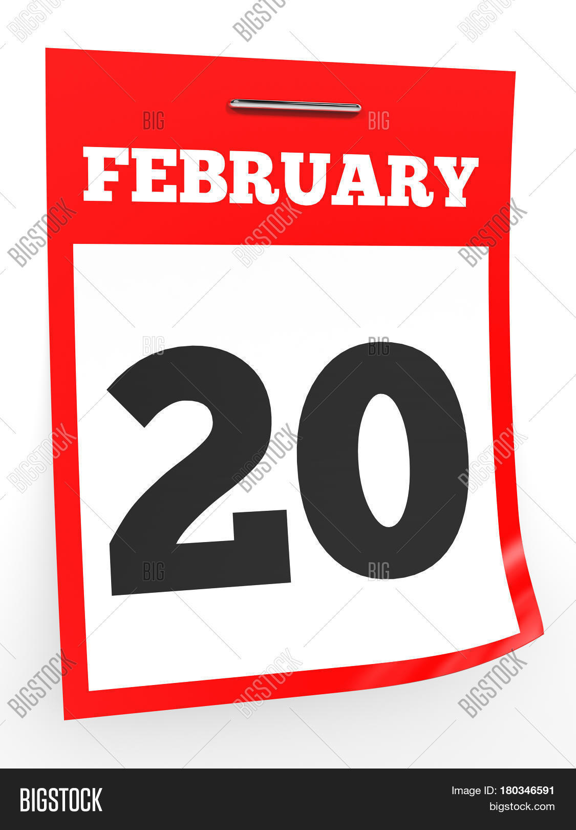 february 20. calendar on white background. 3d illustration.