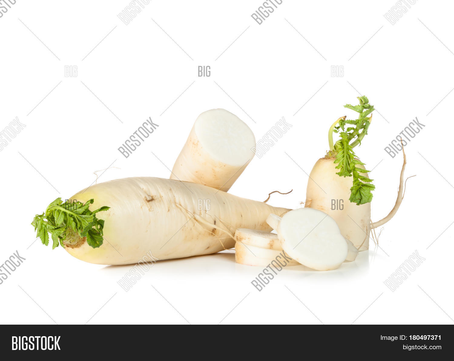 raw daikon radish isolated on white background