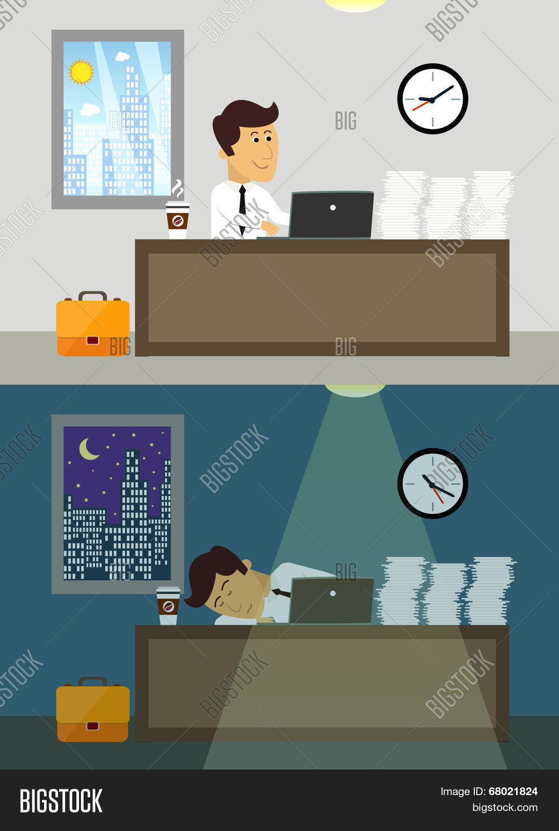 business life workaholic worker in office day and night scene