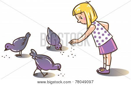 girl feeding pigeons