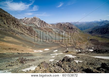 view from mountain pass in kyrgyzstan