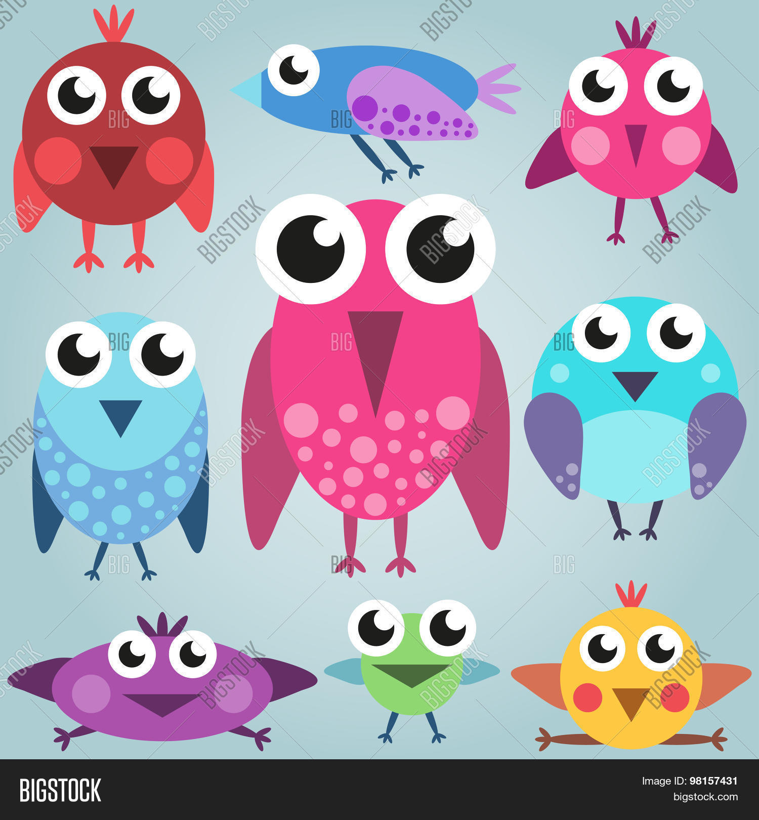 cartoon bright bird set, funny comic birds, simple birds, vector