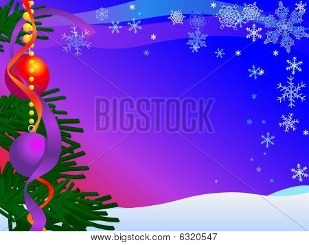Christmas Card Illustration with snow, sky, snow, snowflakes, baubles and tree : Bigstock
