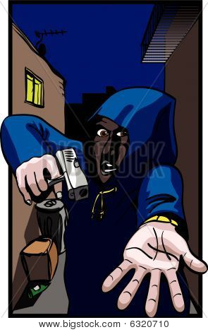 Gun Crime, Hooded mugger in alleyway : Bigstock