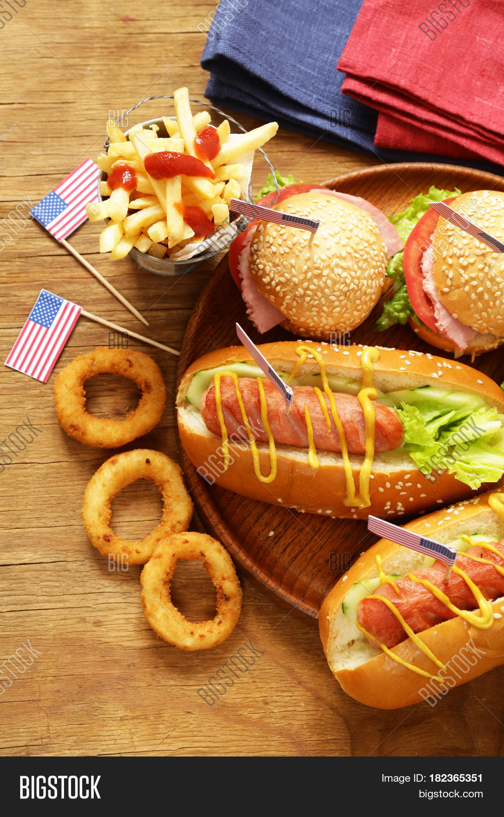 traditional hot dog, french fries and onion rings food for the