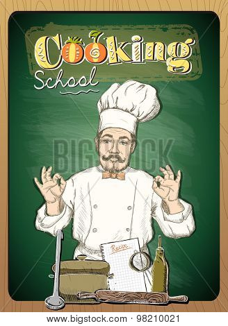 cooking school design with chef cook against green chalkboard